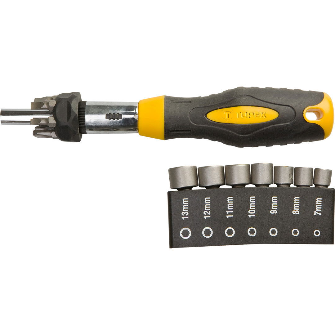 Topex 39D523 csavarhúzó bitkészlet és dugókulcsfejű bitkészlet markolattal, racsnis, CrV acél, 14 részes termék fő termékképe