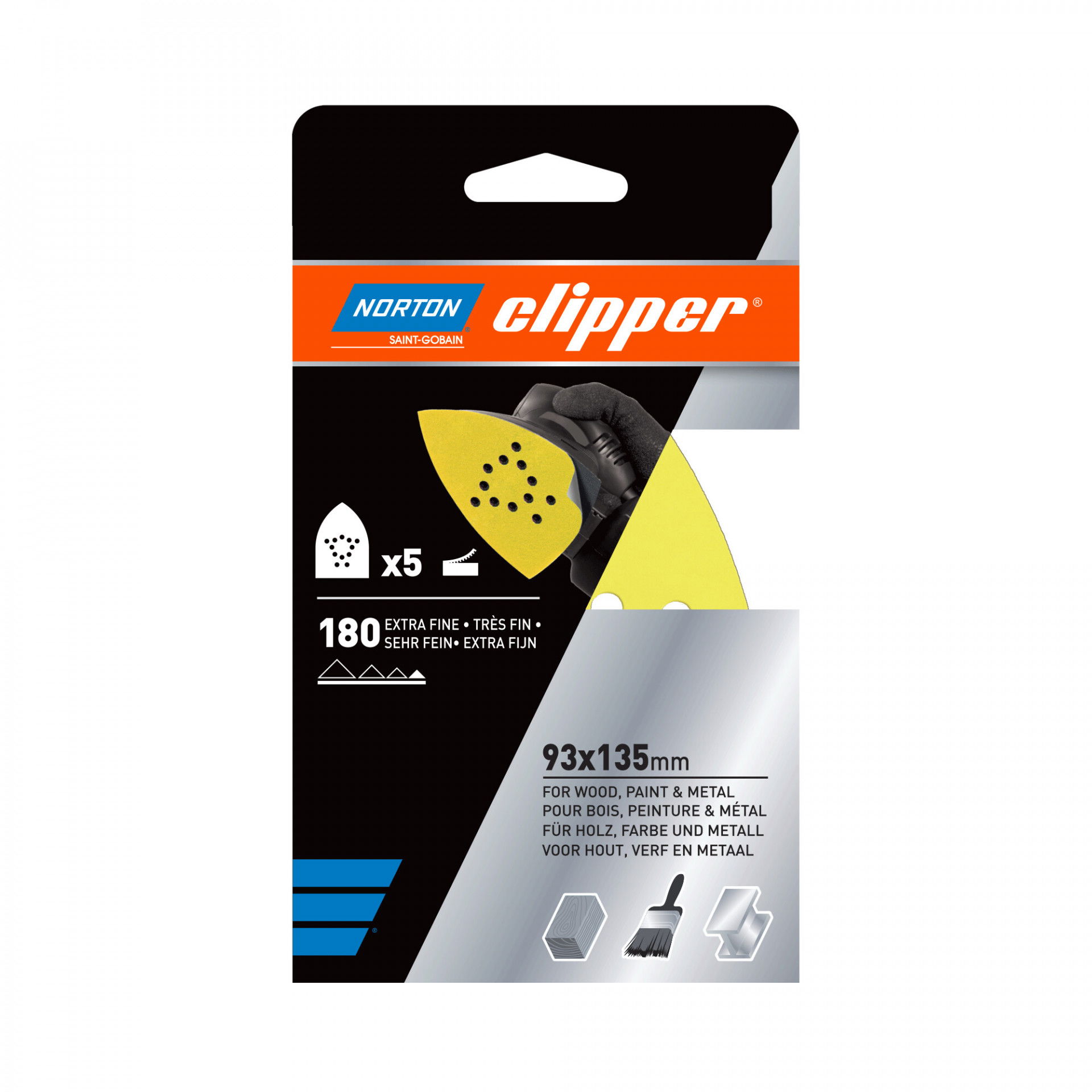 Norton Clipper Q131F delta tépőzáras csiszolólap 93x135mm P180, 5 db/csomag termék fő termékképe